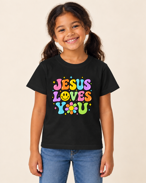 Girl wearing Jesus Loves You T-shirt in Black