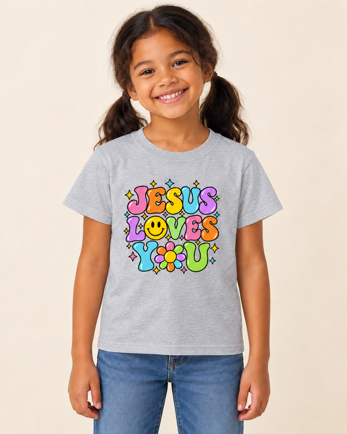 Girl wearing Jesus Loves You T-shirt in Grey Melange