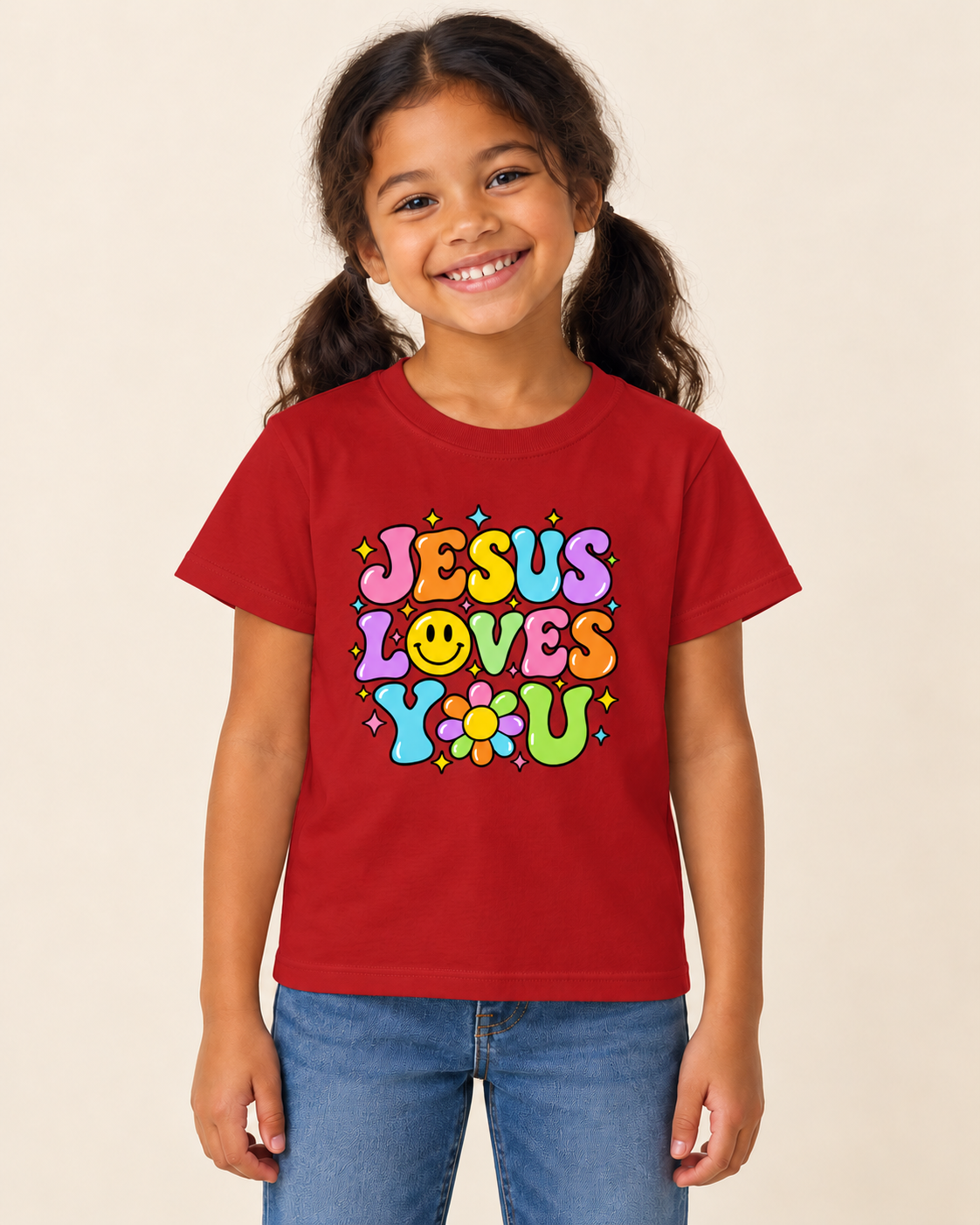 Girl wearing Jesus Loves You T-shirt in Red