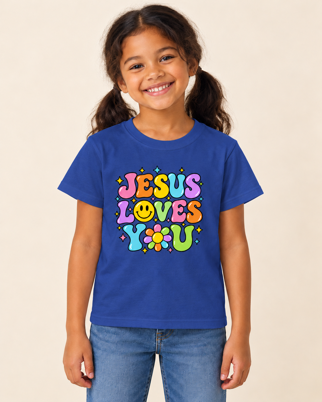 Girl wearing Jesus Loves You T-shirt in Royal Blue