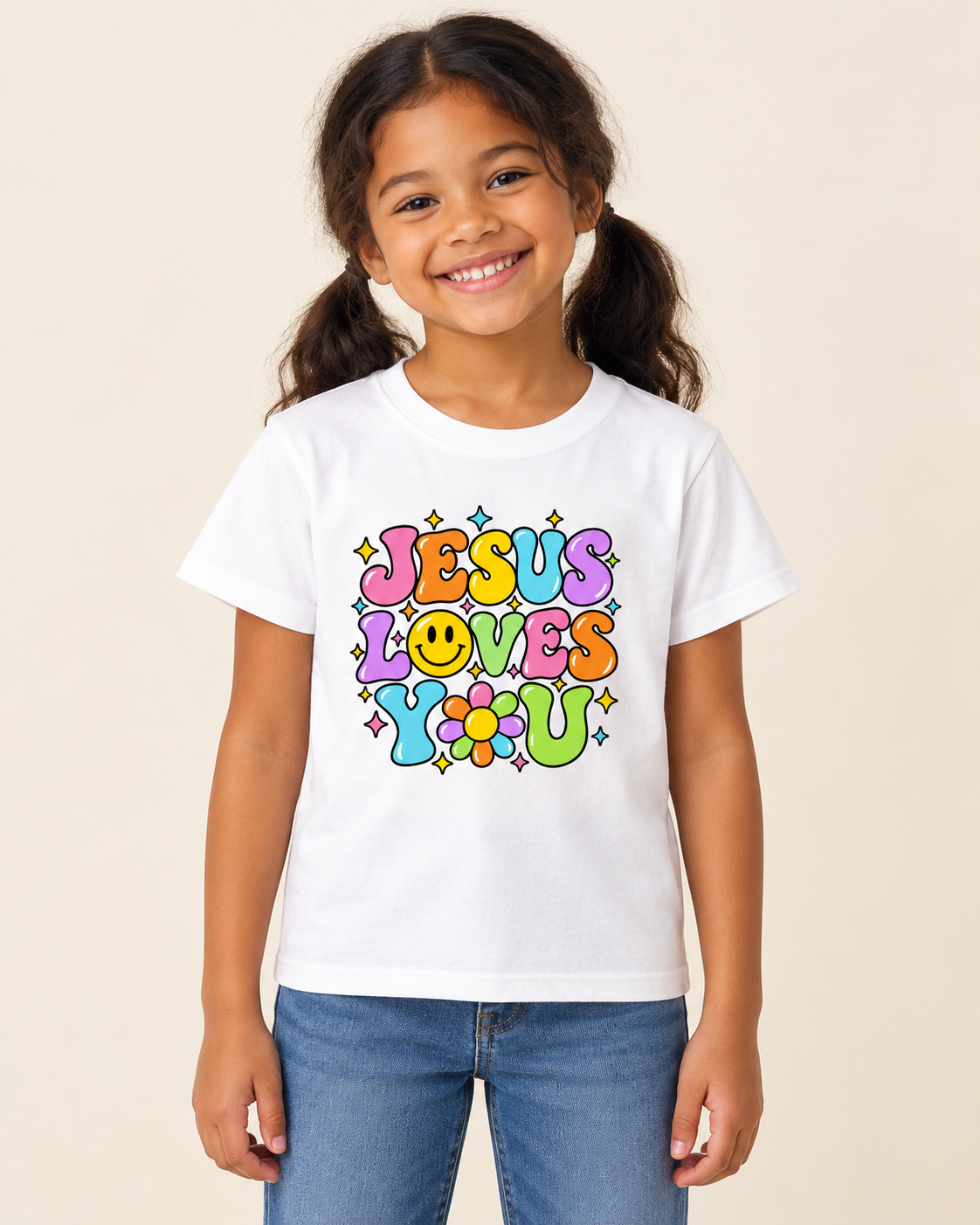 Girl wearing the colourful Jesus Loves You white T-shirt